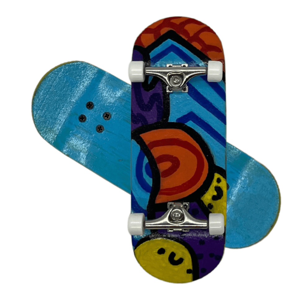 'Neurodiversity 1.2' Artist handmade professional fingerboard 34.2mm x 97.4mm complete with steel trucks and urethane bearing wheels and original hand painted art on deck.